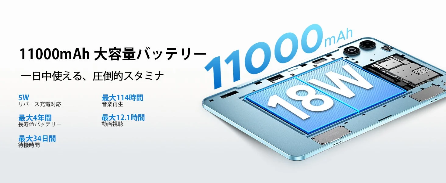 11000mAh 大容量バッテリー 一日中使える、圧倒的スタミナ