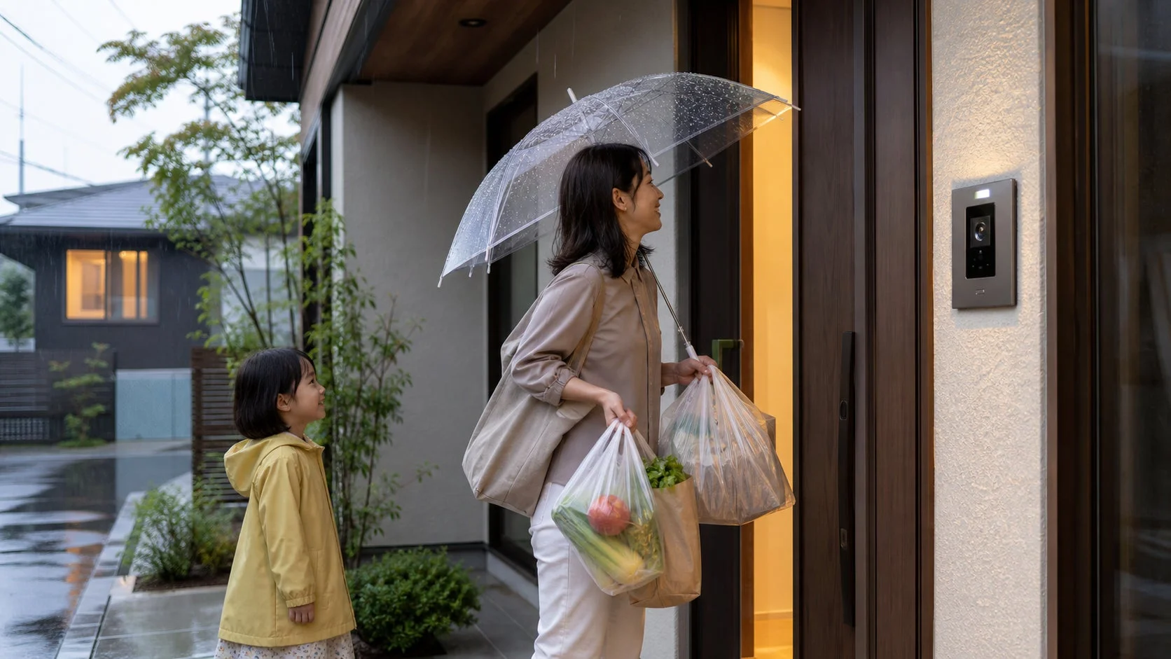雨の中、買い物袋を抱えて傘をさす親子