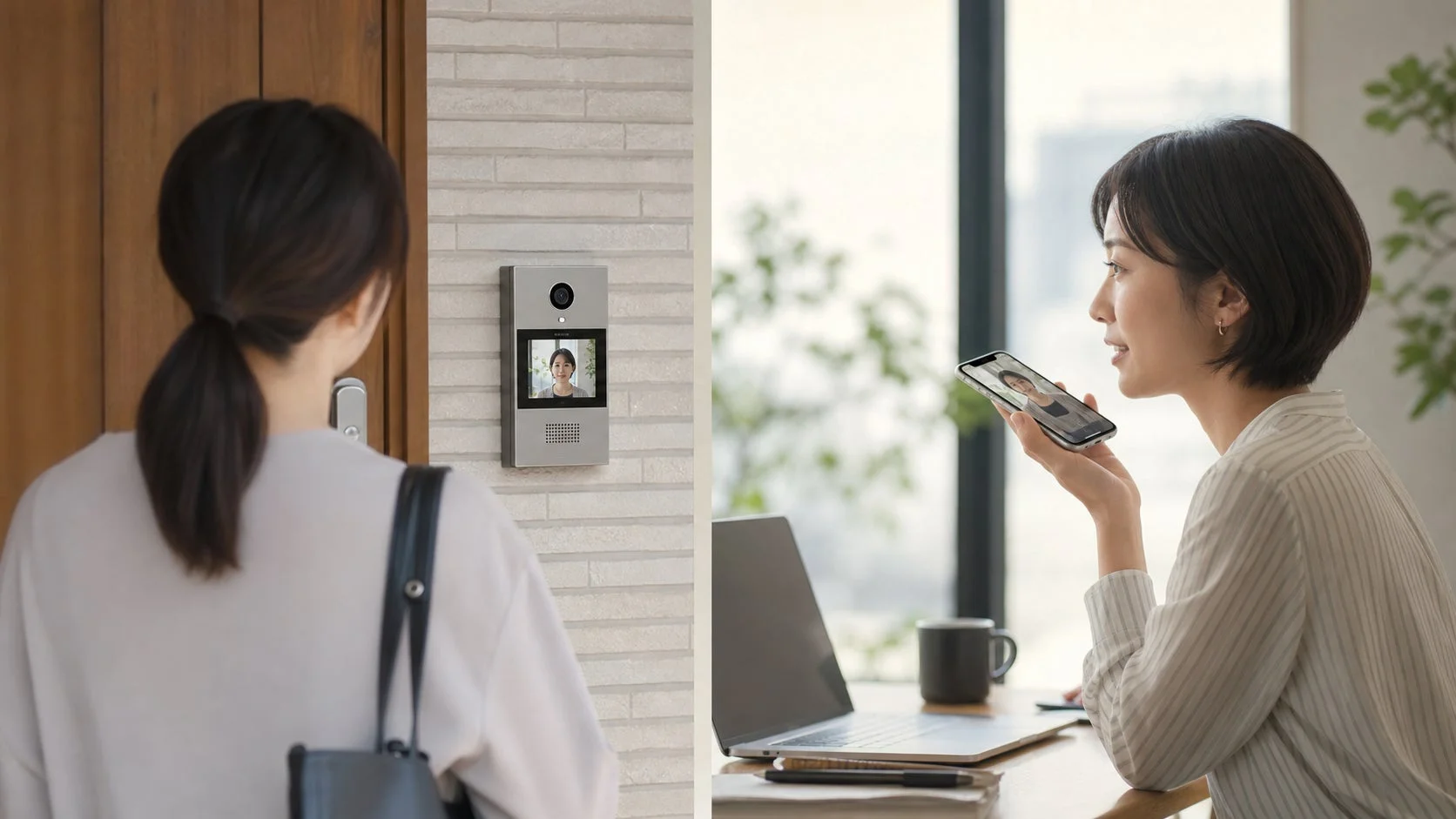 玄関のスマートインターホンとスマートフォンを使い、来客対応をする女性の様子。自宅内外から訪問者とコミュニケーションを取るスマートライフを描写しています。