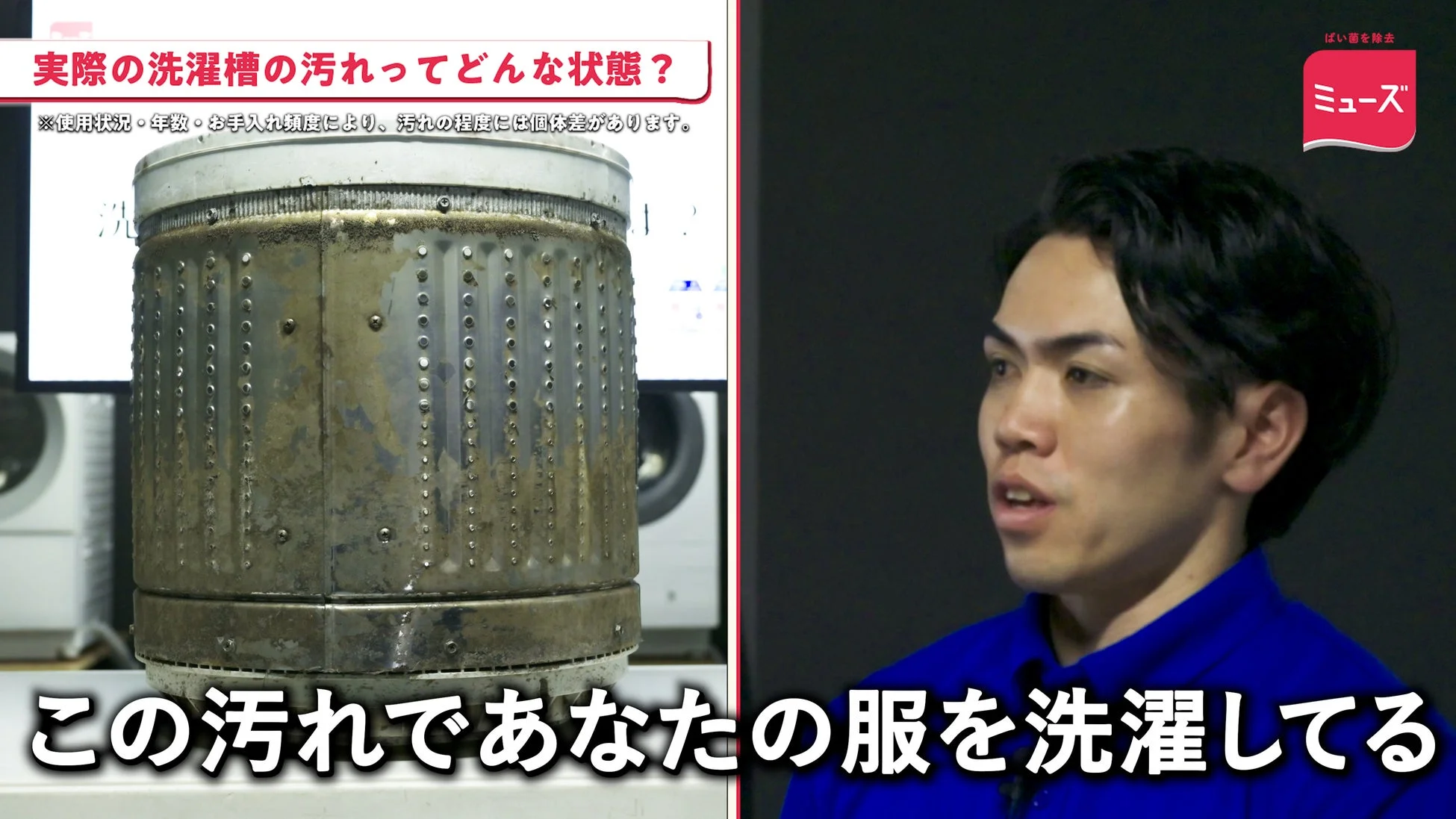 実際の洗濯槽の裏側がひどく汚れている状態と、それについて語る男性が写っています。
