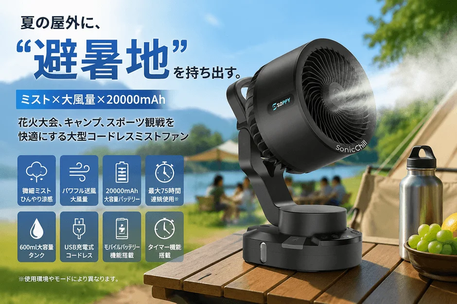 「SOPPY」新発売!ミストと大風量で夏の屋外を快適にする大型コードレスミストファン登場
