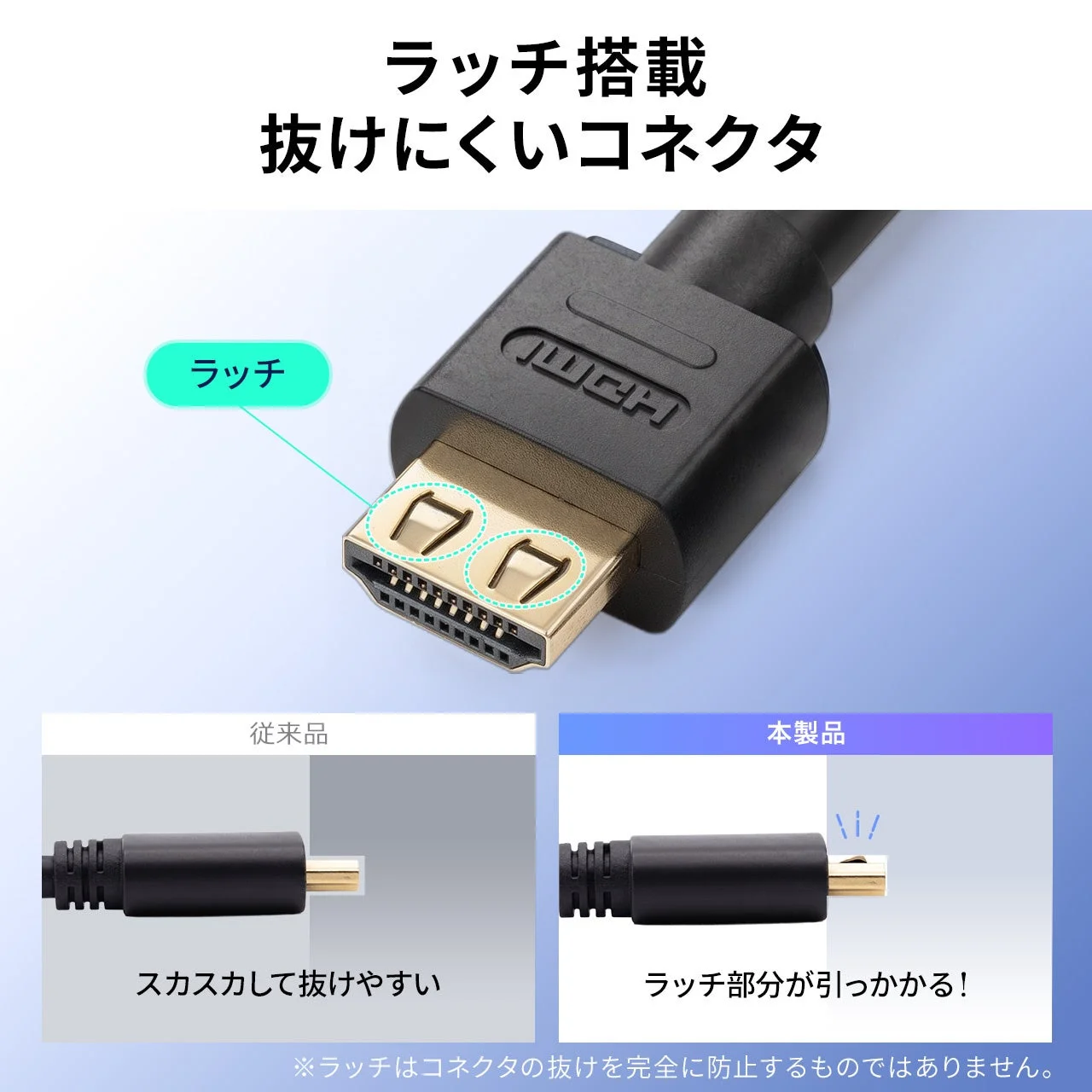 ラッチ搭載 抜けにくいコネクタ ラッチ 従来品 スカスカして抜けやすい 本製品 ラッチ部分が引っかかる！ ※ラッチはコネクタの抜けを完全に防止するものではありません。