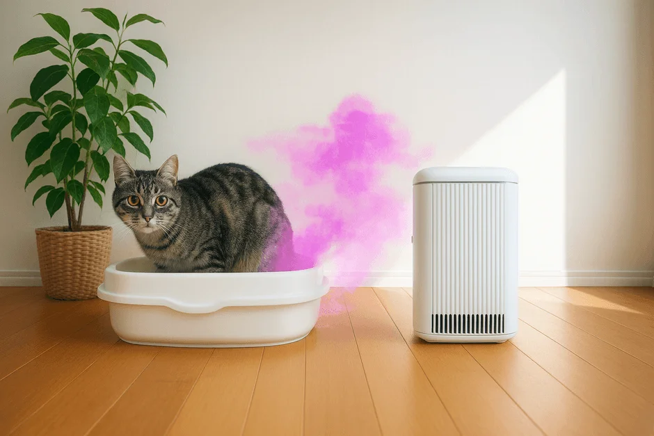 猫がトイレを使用している様子で、ピンク色の煙で表現された臭いが立ち上っています。その横には空気清浄機が置かれ、ペットの臭い対策を意識した室内環境が示唆されています。