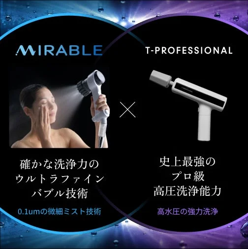 MirableのウルトラファインバブルとT-PROFESSIONALのプロ級高圧洗浄能力を組み合わせた、強力な洗浄技術を紹介する画像です。美容と清掃の双方に対応する先進技術をアピールしています。