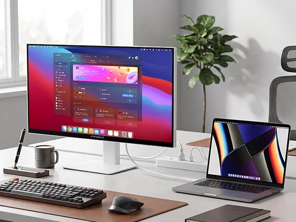 モダンで整頓されたワークスペースの様子です。大型モニター、ノートパソコン（MacBook）、キーボード、マウスが白いデスクに配置されており、効率的な作業環境が表現されています。背景には観葉植物があり、落ち着いた雰囲気を醸し出しています。