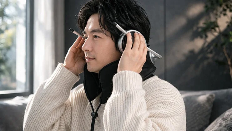 白いセーターを着た男性がSWIRE AURBISを装着してリラックス