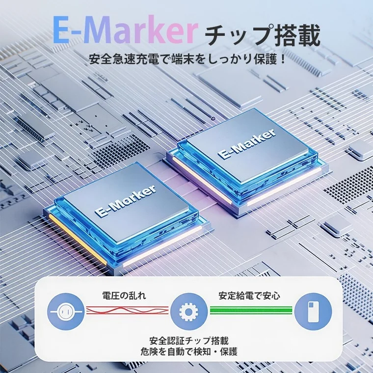 E-Marker チップ搭載 安全急速充電で端末をしっかり保護！ 電圧の乱れ 安定給電で安心 安全認証チップ搭載 危険を自動で検知・保護 E-Marker E-Marker