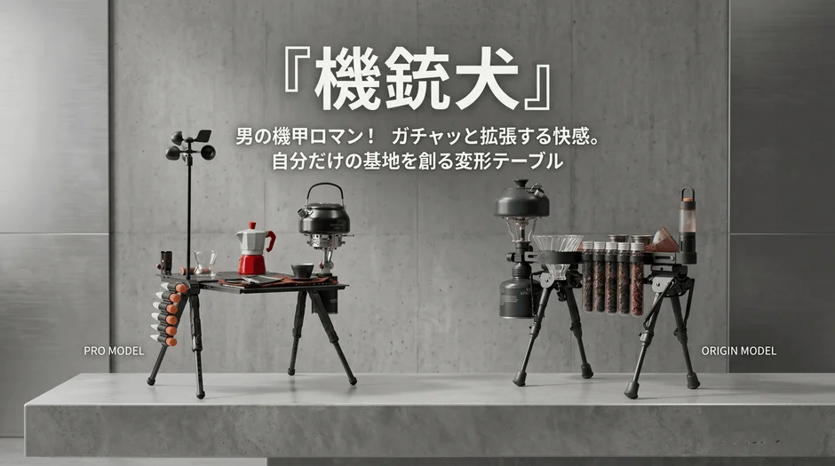 キャンプやアウトドアで使用する、多機能な変形テーブル「機鎧犬」のPRO MODELとORIGIN MODELを紹介する画像です。コーヒー抽出器具やケトルなどがモジュラー式に取り付けられ、自分だけの基地を作るというコンセプトを表現しています。
