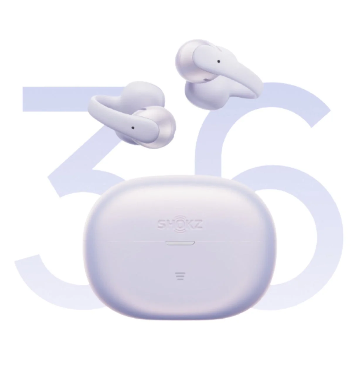 白を基調とした背景に、SHOKZブランドのワイヤレスイヤホンとその充電ケースが浮かんでいる画像です。