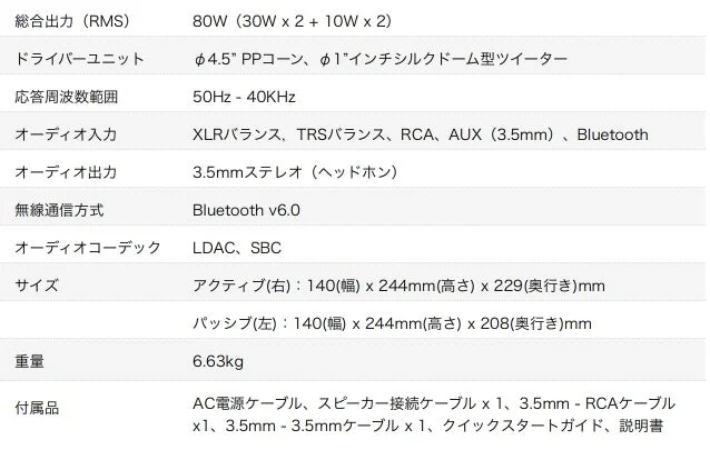 オーディオ機器の製品仕様