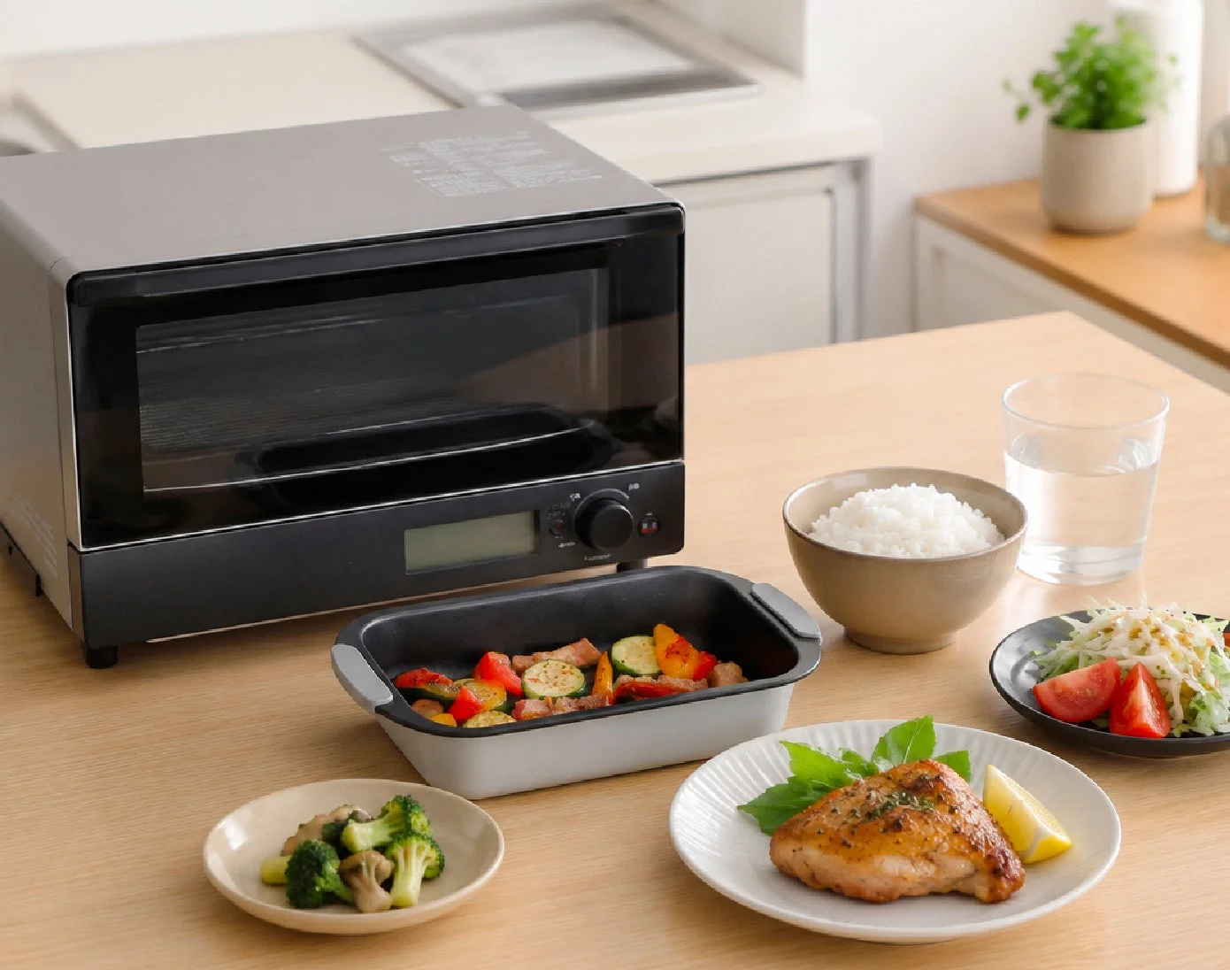 キッチンで調理された食事が木製のテーブルに並べられています。メインの鶏肉料理、ご飯、温野菜、サラダなどが揃っており、奥にはオーブントースターが見えます。温かみのある家庭的な食卓の風景です。