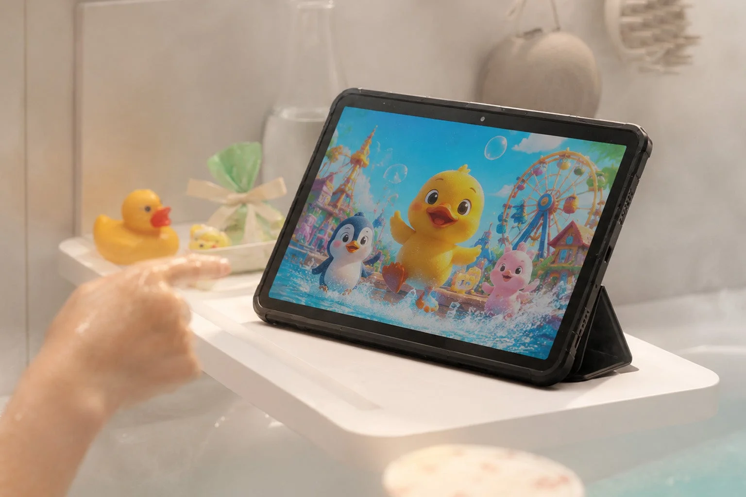 お風呂でタブレットを使う子供