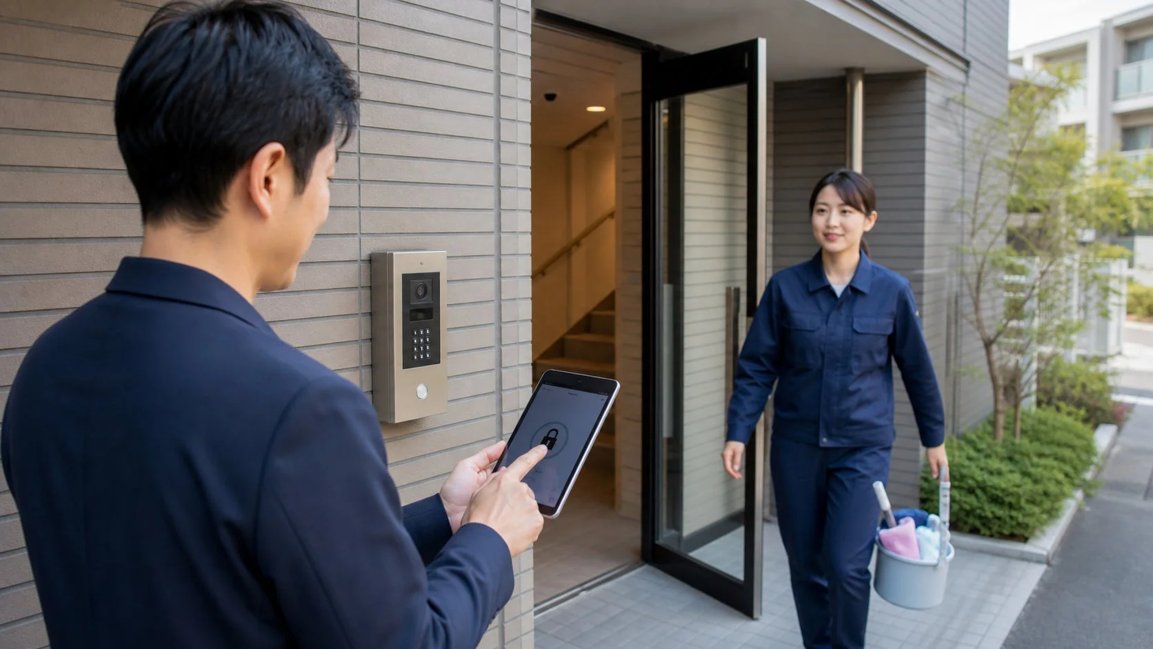男性がタブレットを使ってマンションのエントランスドアを開錠し、清掃道具を持った女性が建物から出てくる様子が写っています。