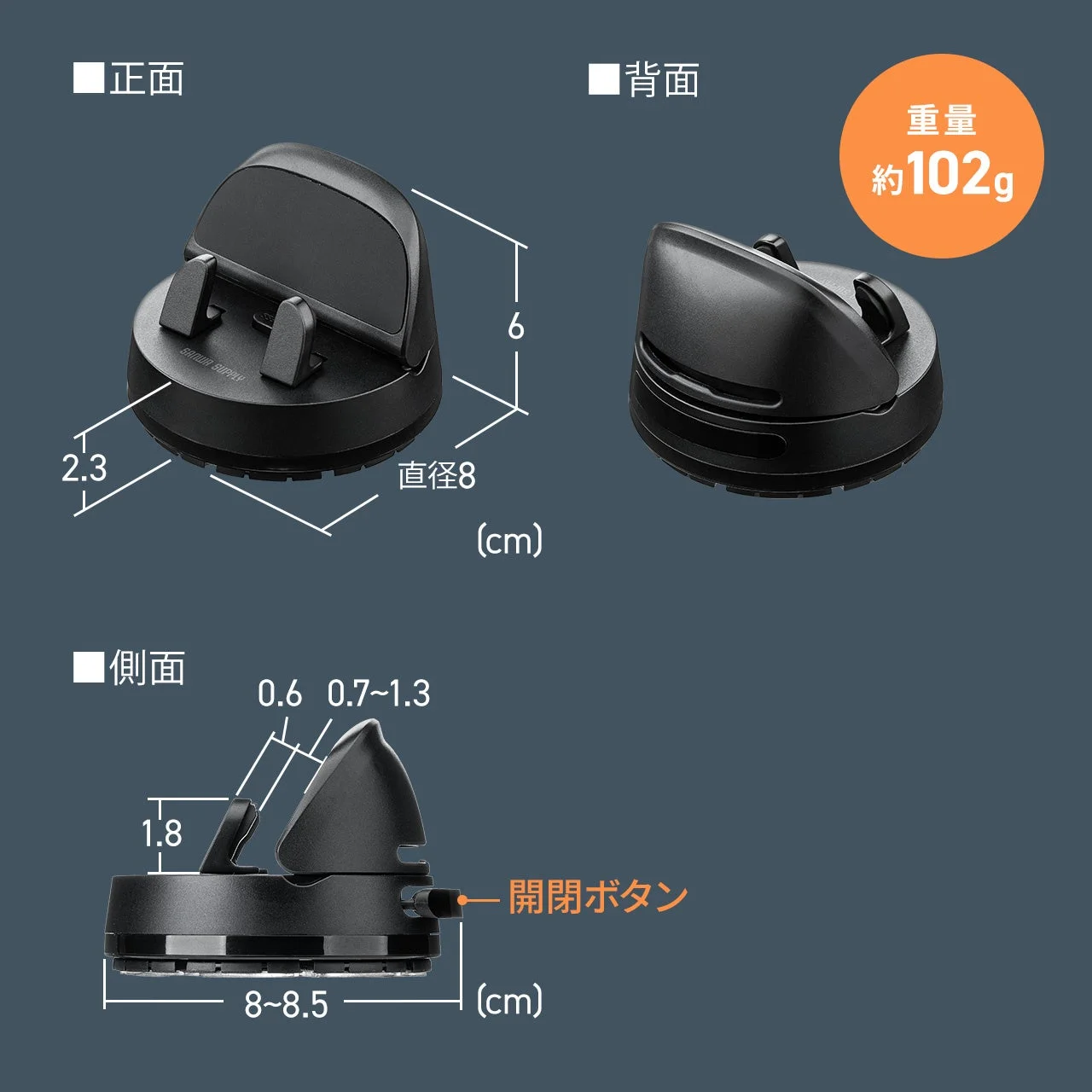黒いコンパクトなデバイススタンドの正面、背面、側面からの詳細な製品画像