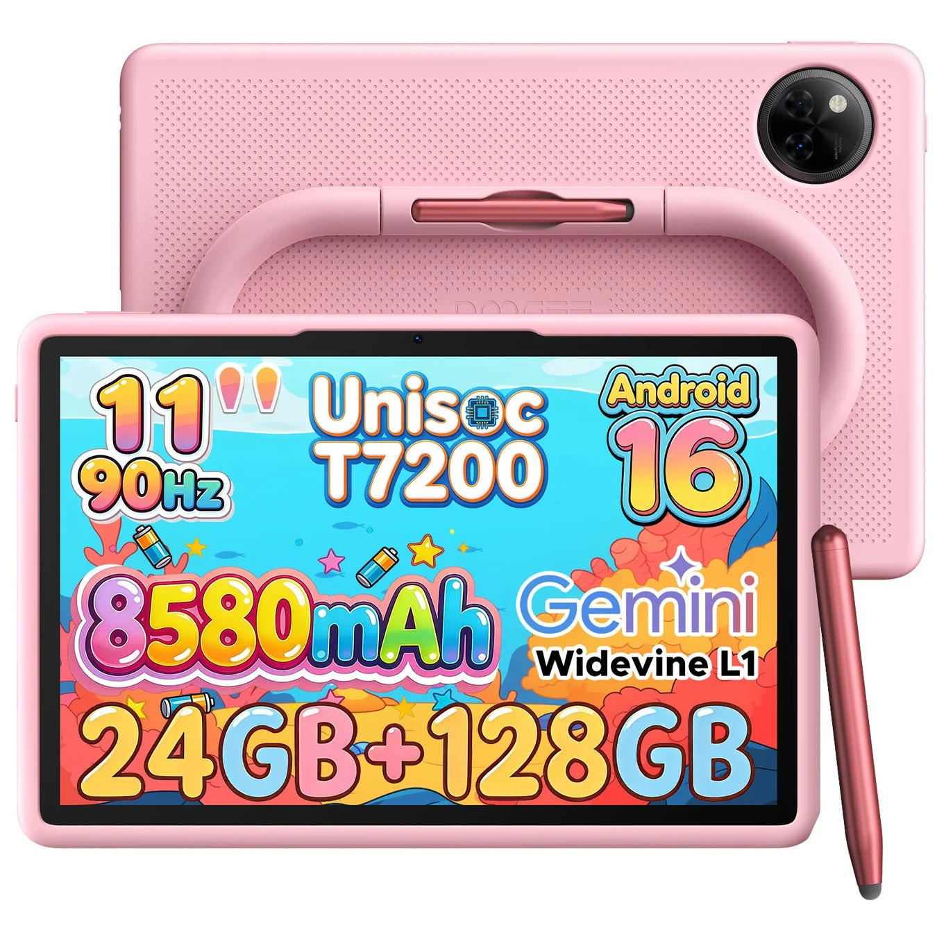 ピンク色のタブレットと専用スタイラスペン、主要スペック情報