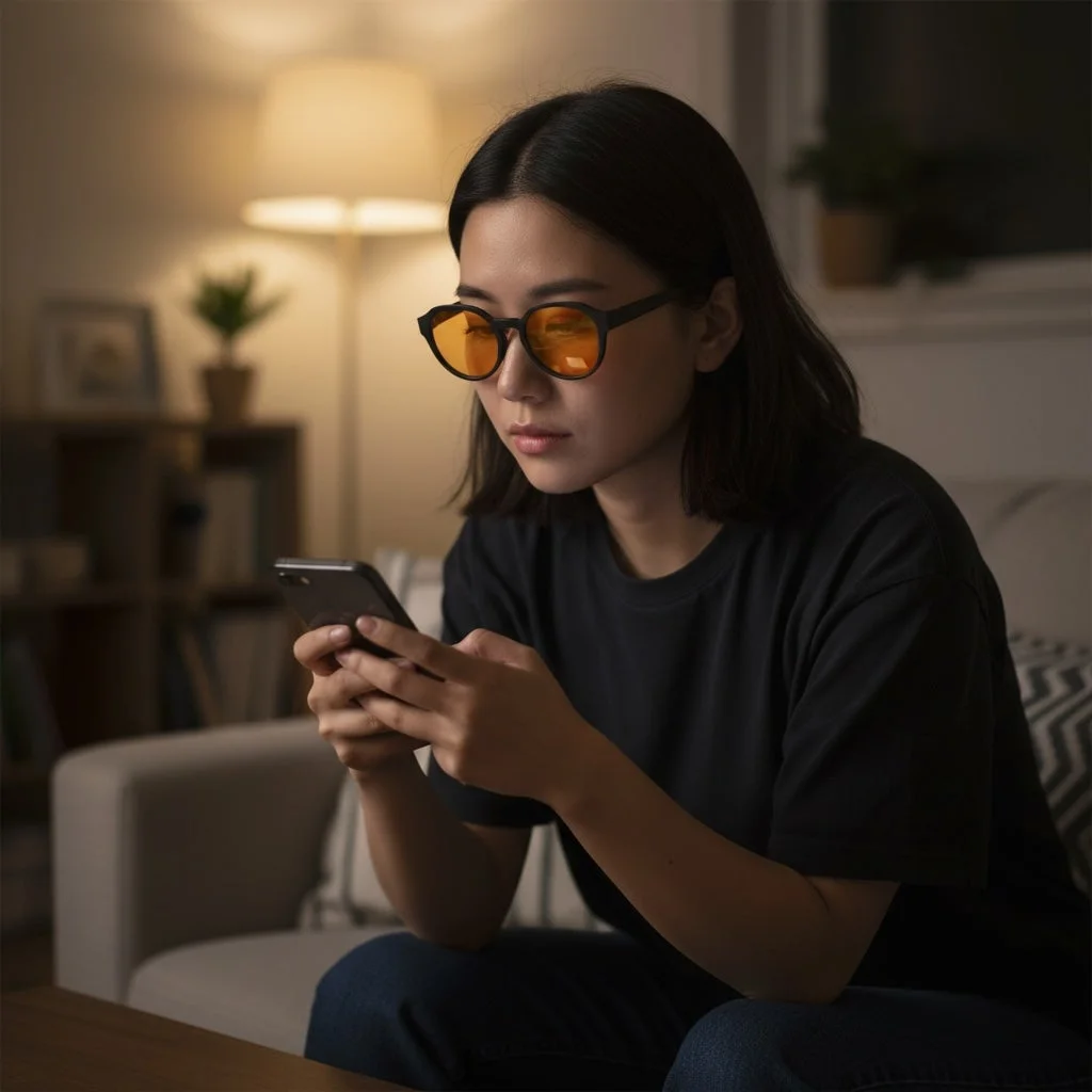 夜、スマートフォンを見る女性