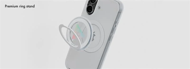 白いスマートフォンに装着されたMagSafe対応リングスタンド