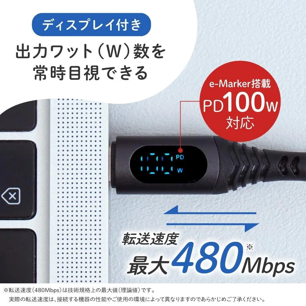 ワット数表示ディスプレイ付きのUSB-Cケーブルの画像。e-Marker搭載でPD100Wに対応し、最大480Mbpsのデータ転送が可能。充電状況をリアルタイムで確認できるPC周辺機器の利便性を紹介しています。