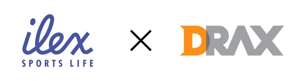 ilex SPORTS LIFEとDRAXのロゴが「x」記号で並べられており、両社のコラボレーションを示唆する画像。
