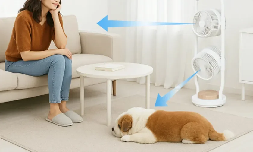女性と犬がそれぞれの風を受けている様子