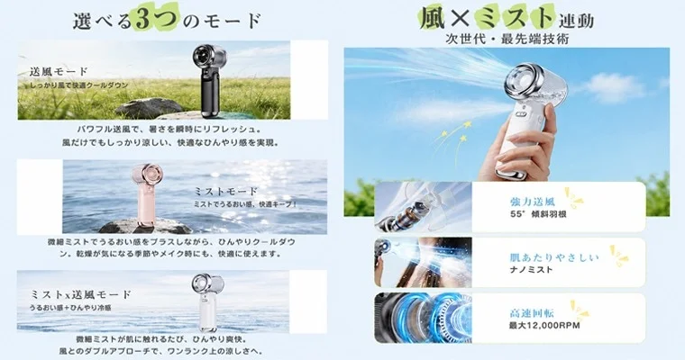 携帯扇風機、ミストファン、冷却、美容、夏、ポータブル、次世代、ナノミスト、3WAY、強力送風、ハンディファン