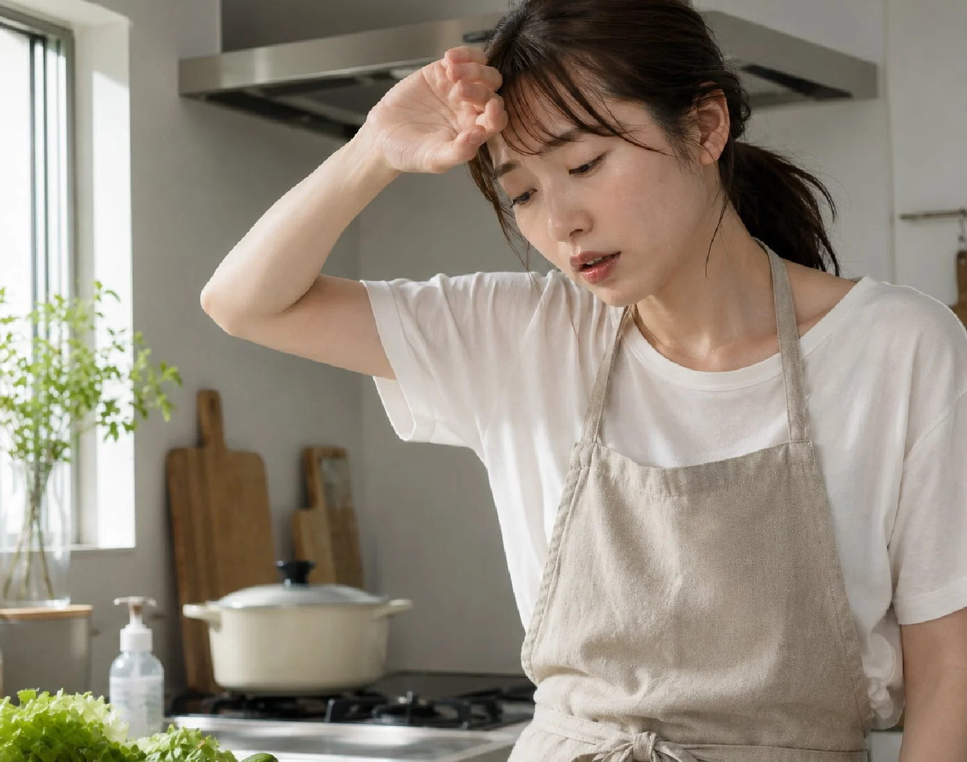 キッチンでエプロンをつけた女性が額の汗を拭っています。暑さや疲労を感じさせる表情で、家事や料理の途中のようです。