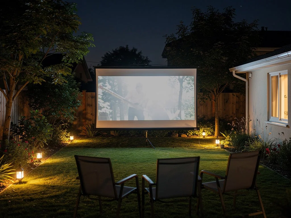 夜の庭で映画を上映