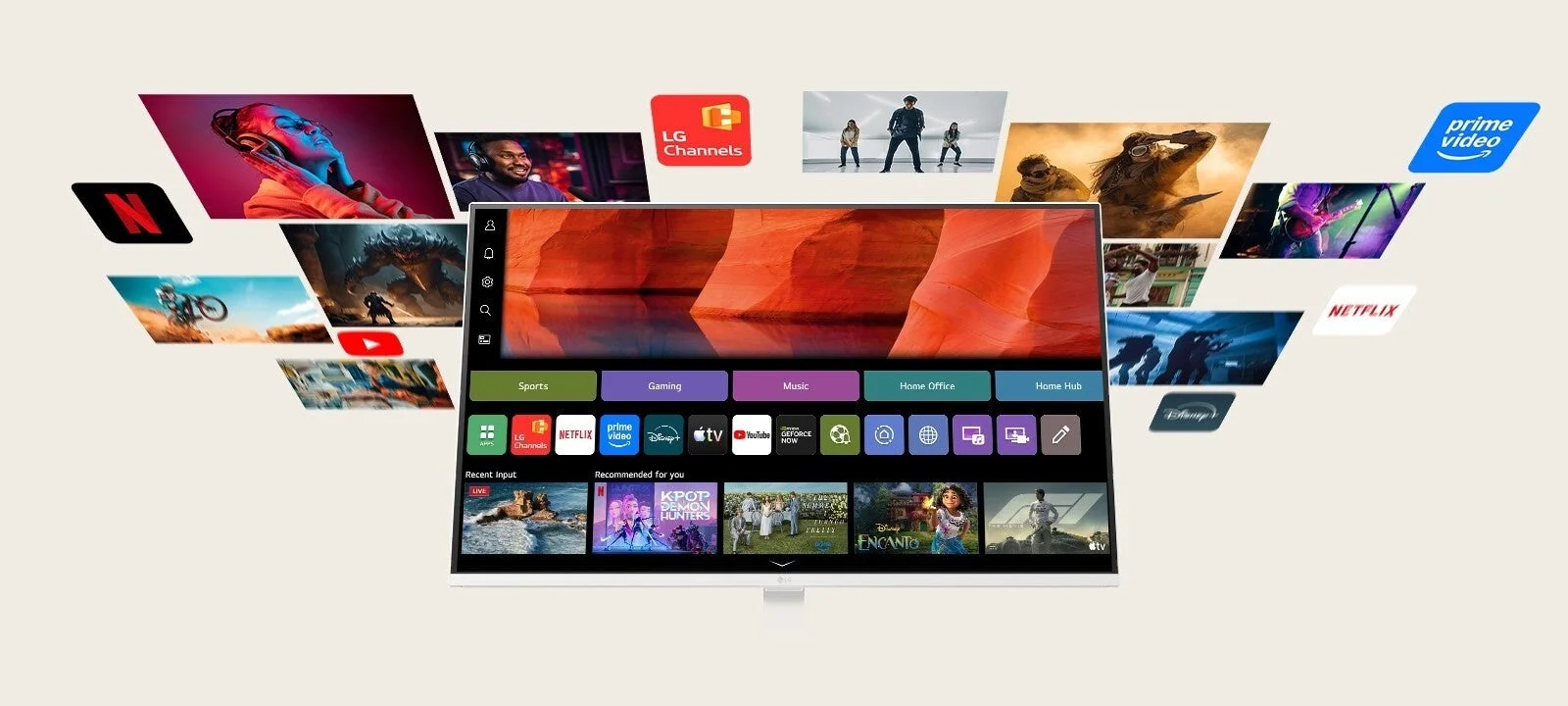 LG製スマートモニターまたはテレビのホーム画面と、それに連携する多様なエンターテイメントコンテンツやアプリを示した画像です。動画配信サービスやゲーム、音楽、ホームオフィス機能などが統合されている様子が表現されています。