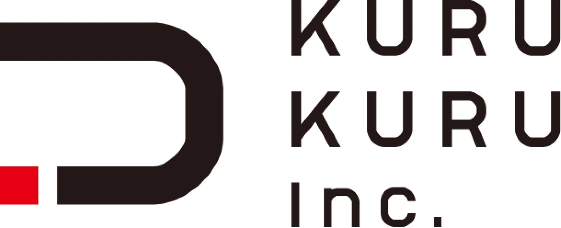 白背景に黒い文字で「KURU KURU Inc.」と書かれており、左側には黒い曲線的な図形と赤い四角形を組み合わせたシンプルなロゴマークが配置されています。