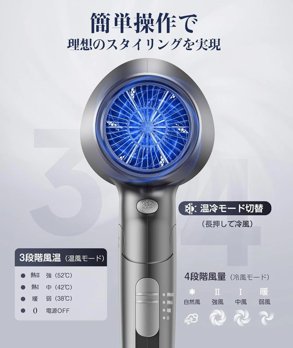 3段階風温調節×4段階風量