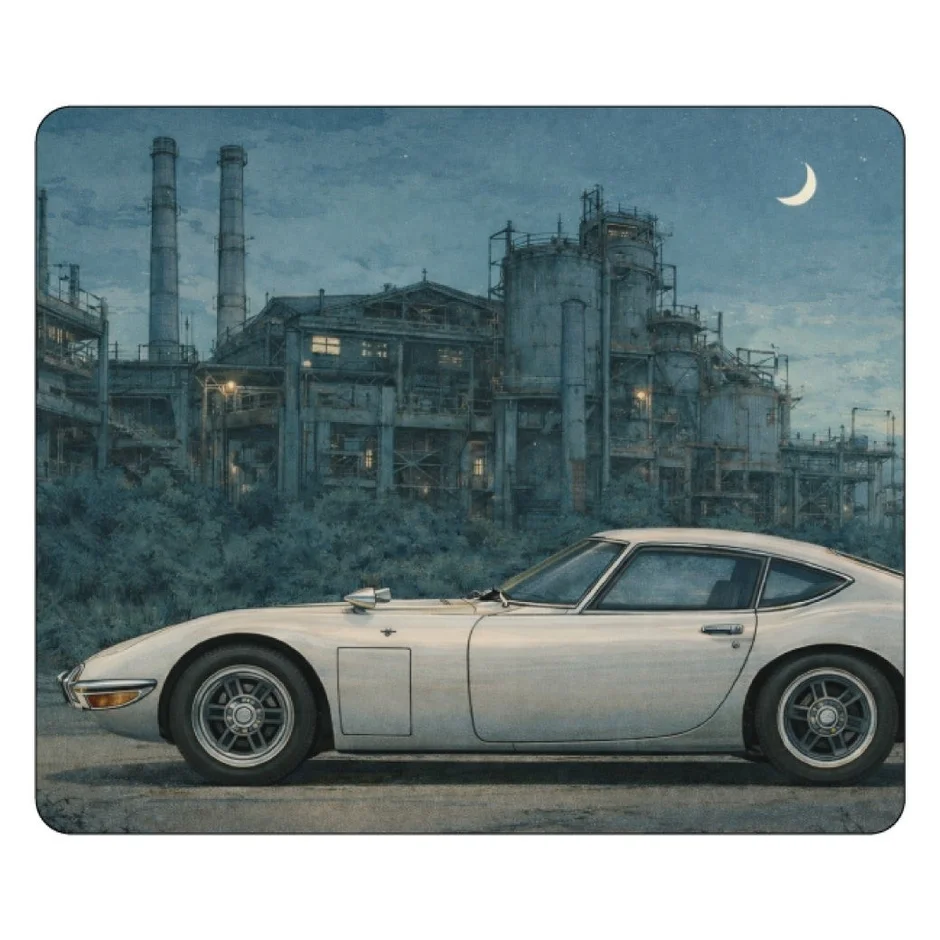 工場を背景にしたトヨタ2000GT