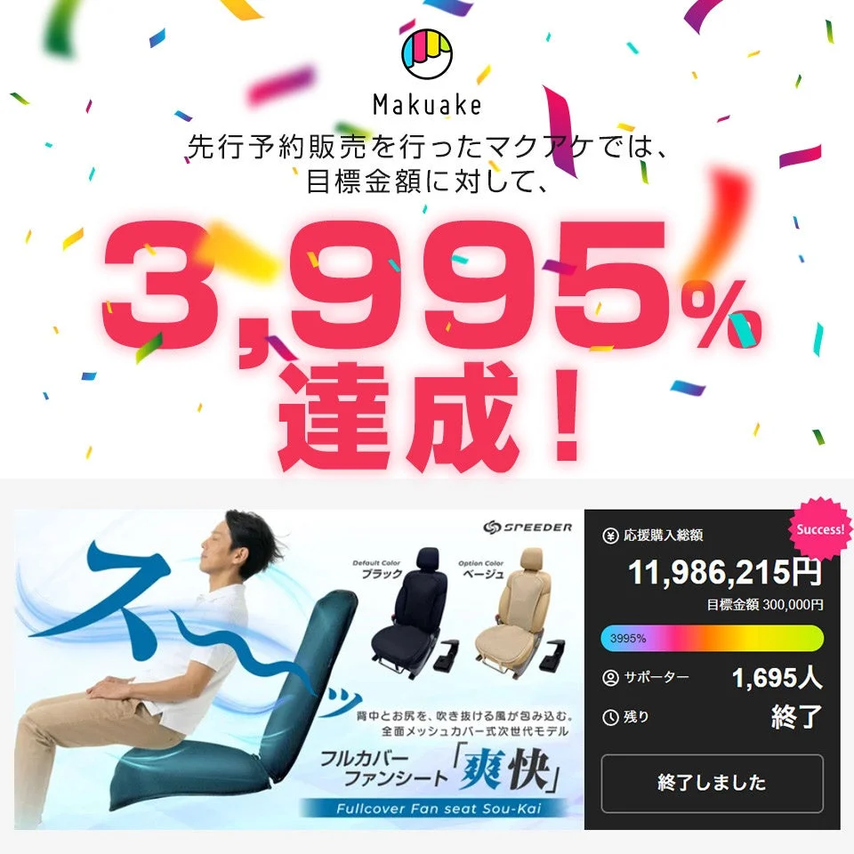 Makuakeで大ヒット！「SPEEDER フルカバーファンシート 爽快」が楽天市場・Yahoo!ショッピングで一般販売開始