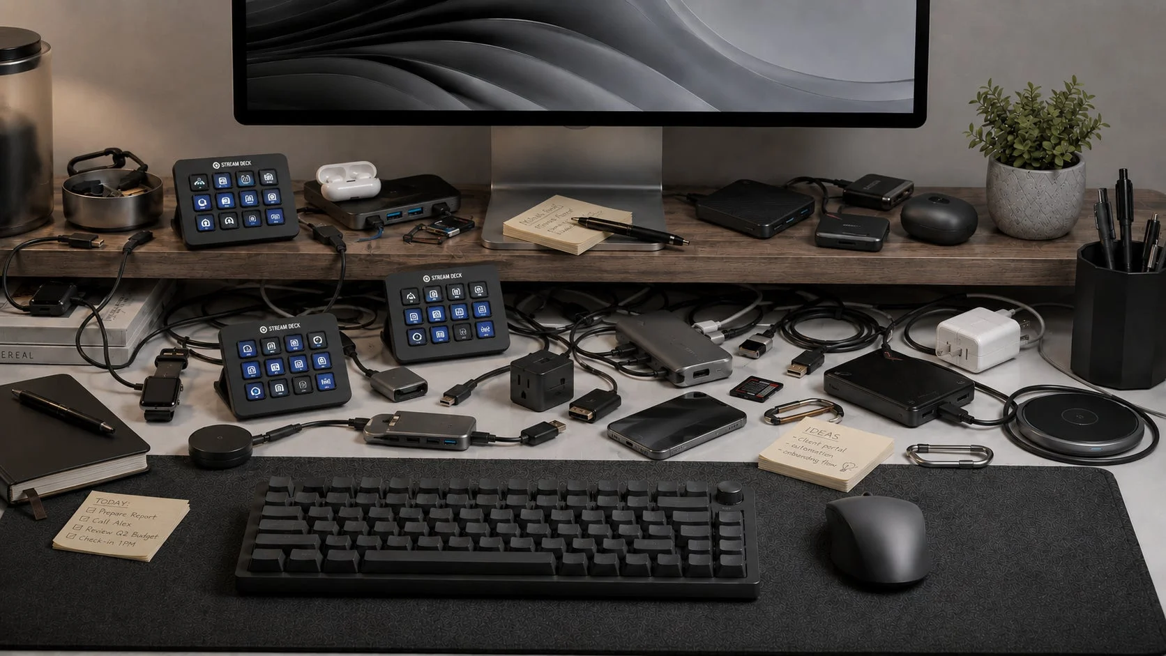 モニター、キーボード、マウス、複数のStream Deck、USBハブ、充電器、ケーブルなど、様々な電子機器とアクセサリーが整然と並べられたモダンなデスクセットアップの画像