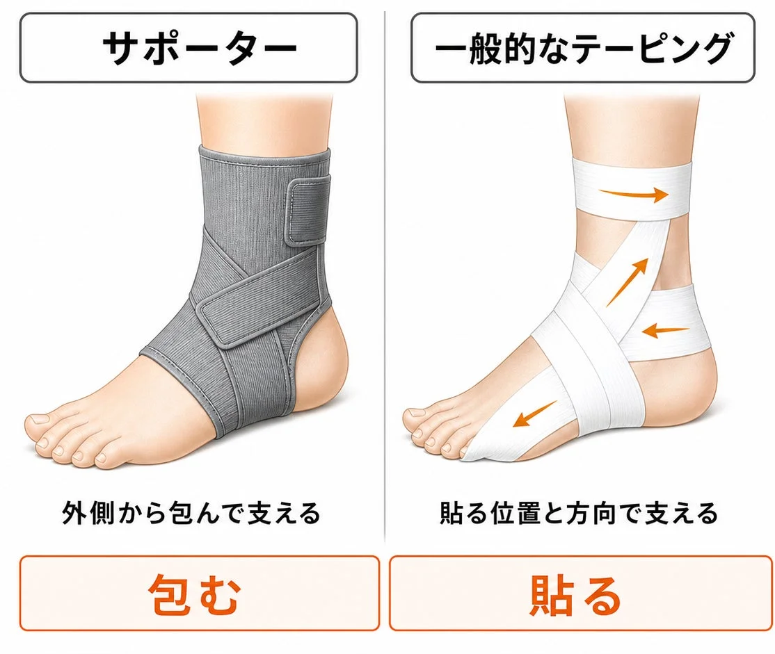 足首の固定や保護に関するサポーターとテーピングの違いを比較したイラスト