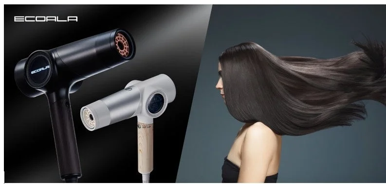 現代的なデザインのヘアドライヤー2機種と美しくなびく黒髪の女性の横顔