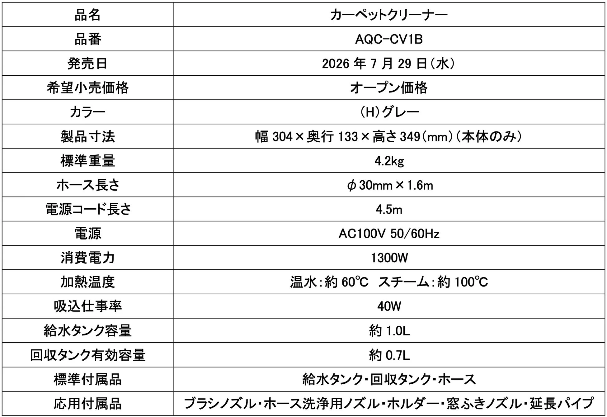 カーペットクリーナー「AQC-CV1B」の製品仕様