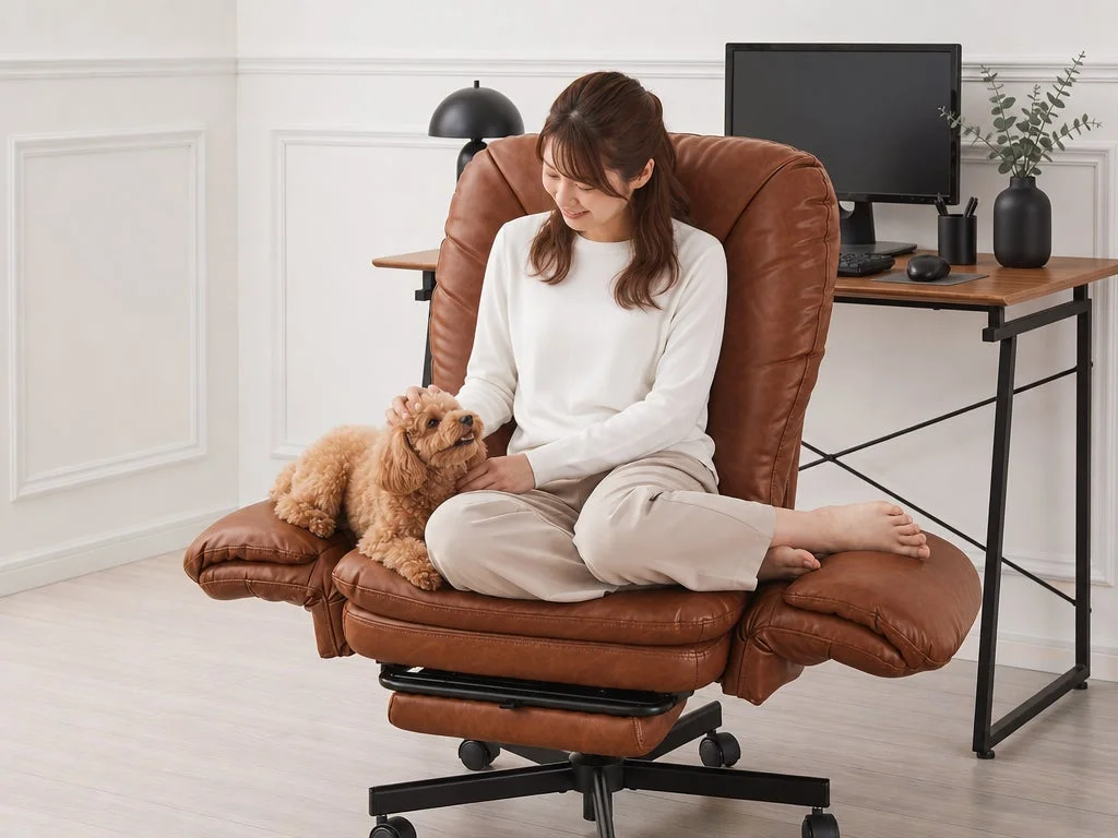 茶色の革製オフィスチェアに座った女性が、膝元のトイプードルを優しく撫でています