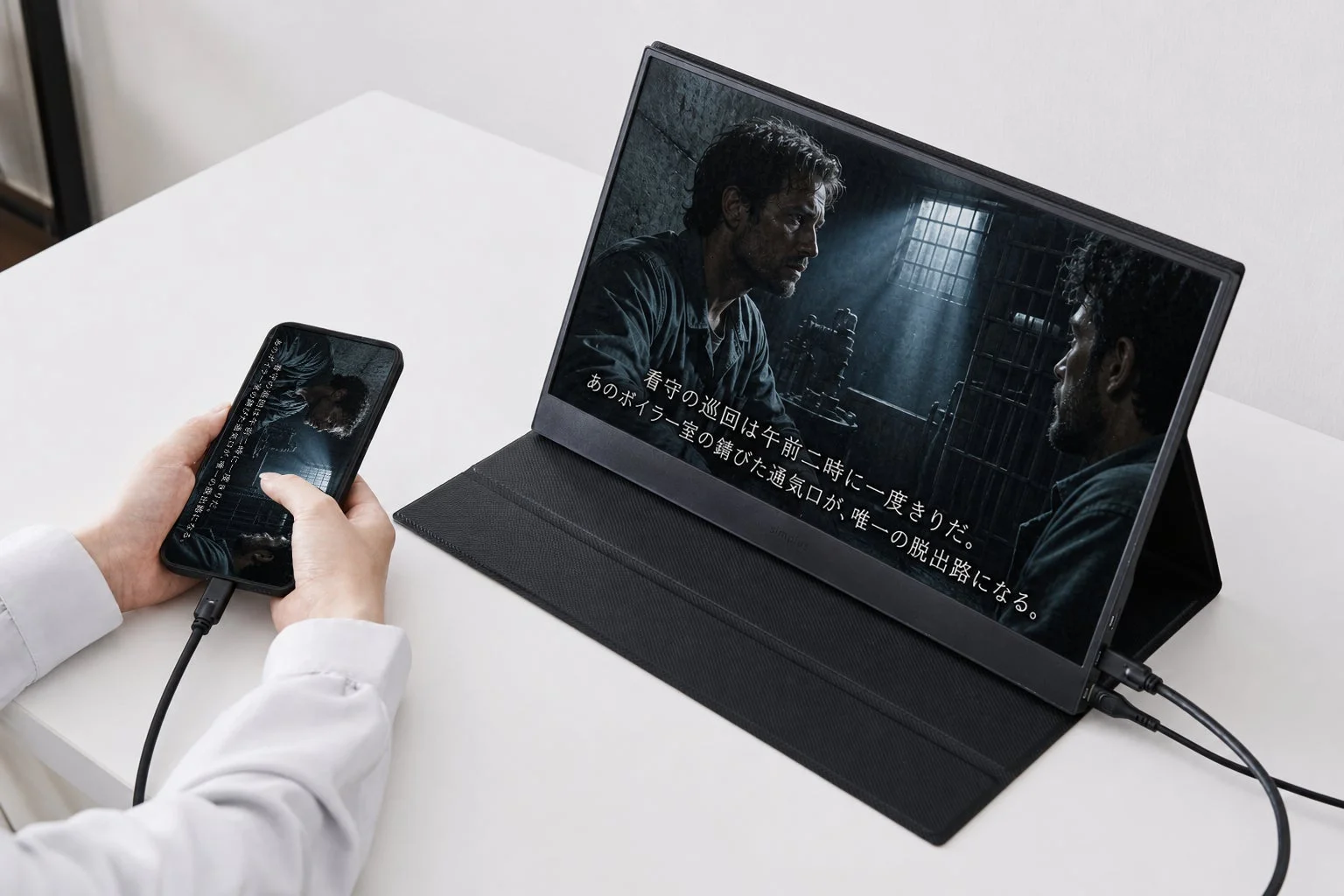 スマートフォンを接続して映画鑑賞する様子