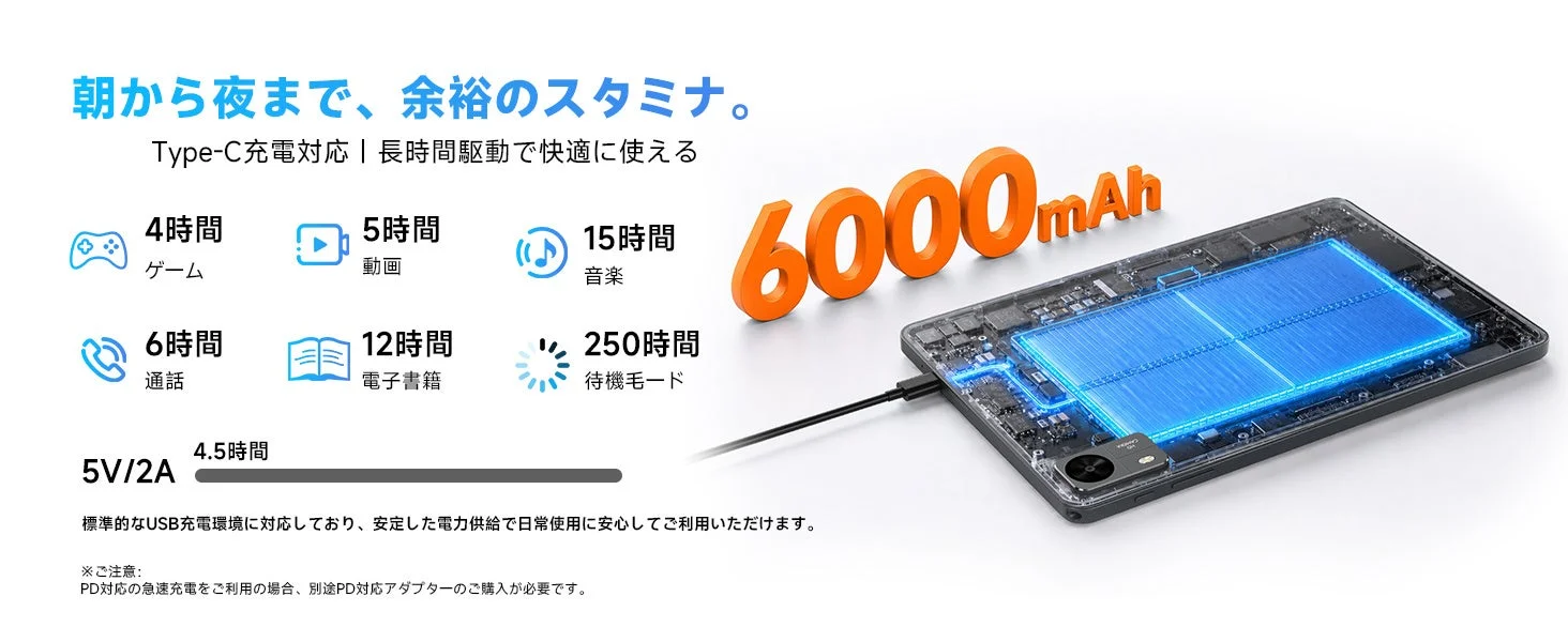 6000mAh大容量バッテリー