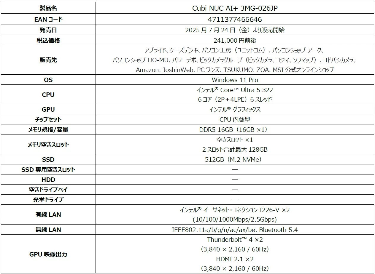 Cubi NUC AI+ 3MG-026JPの製品仕様