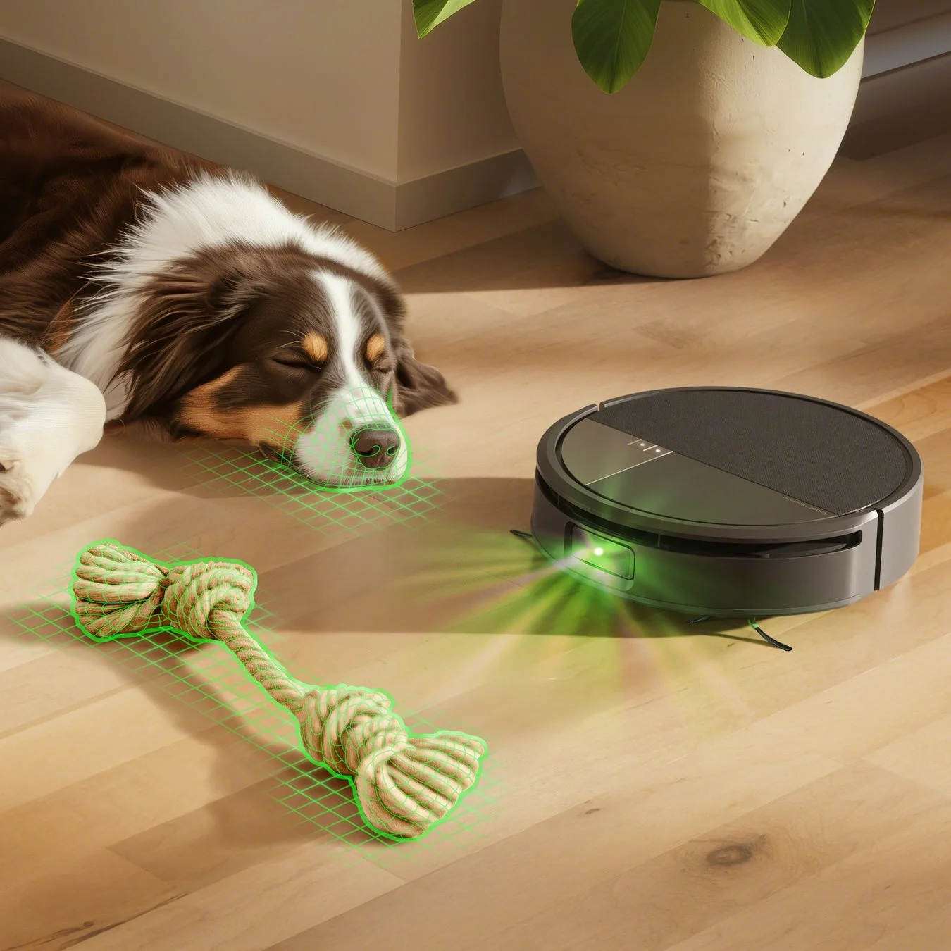 寝ている犬と犬のおもちゃがフローリングの床にあり、ロボット掃除機が緑色の光でそれらを認識している様子。ペットのいる家庭でのスマート家電の活用を示唆しています。
