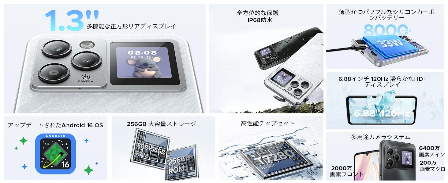 Android 16 OSを搭載したスマートフォンの特徴を紹介。1.3インチの多機能リアディスプレイ、IP68防水、8000mAhバッテリー、6.88インチ120Hz HD+ディスプレイ、256GBストレージ、高性能チップセット、6400万画素メインの多用途カメラシステムを搭載しています。