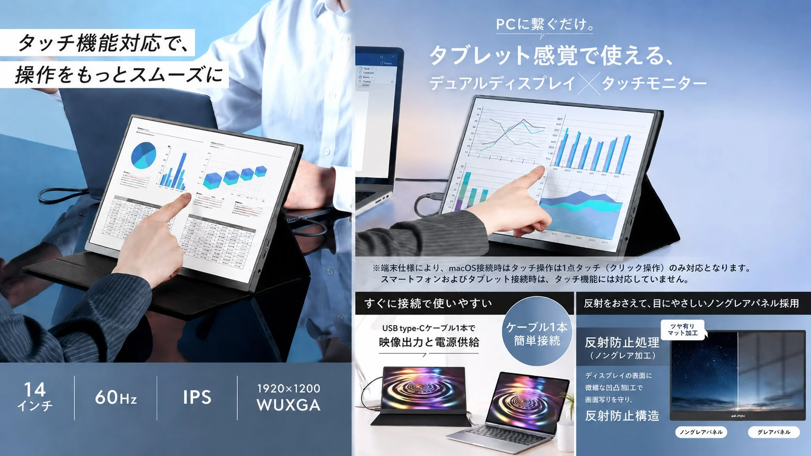 タッチ機能に対応した14インチのポータブルモニターの広告