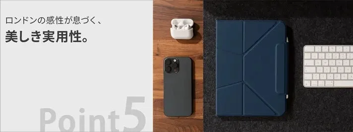 iPhone、AirPods、タブレットケース、キーボードが見えます。