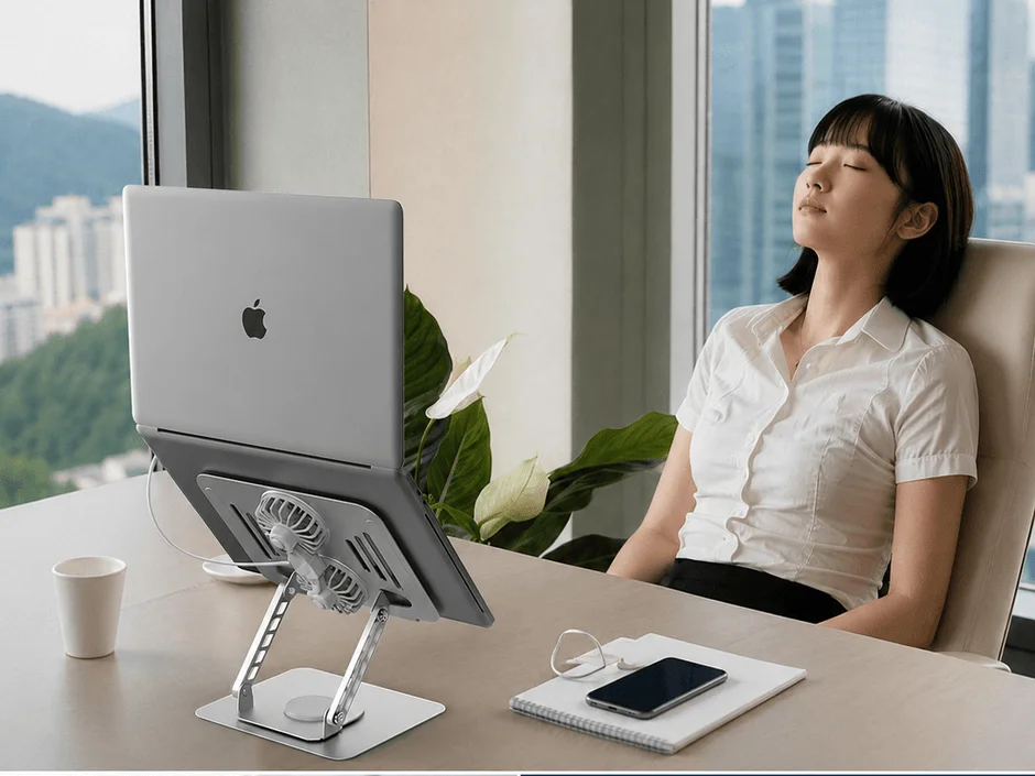 PCスタンドでリラックスして作業する女性