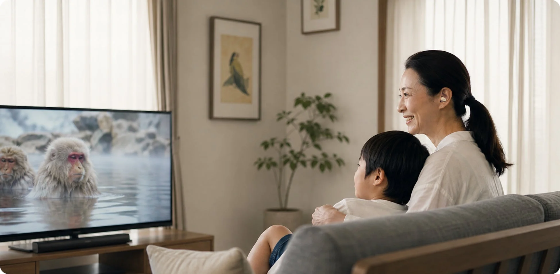リビングのソファで、ワイヤレスイヤホンをつけた女性が子供と一緒にテレビを見ている。テレビ画面には温泉に浸かる雪猿が映っており、女性は笑顔でリラックスした様子。親子でくつろぐ温かいひとときが描かれている。