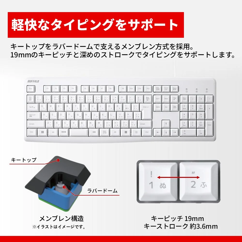 キーボードのメンブレン方式とキーピッチ、キーストロークの説明