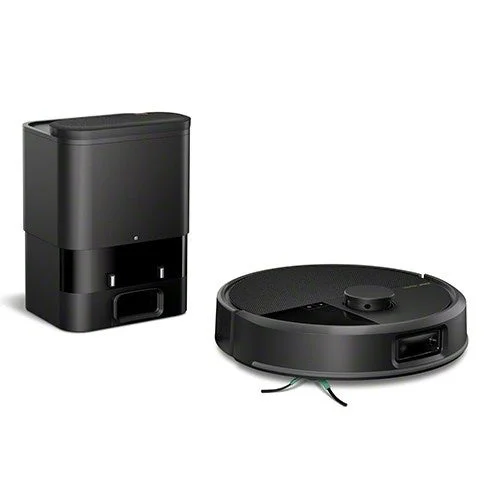 黒いロボット掃除機と自動ゴミ収集ステーションのセットが白い背景に置かれています。現代的で機能的なデザインのスマート家電です。