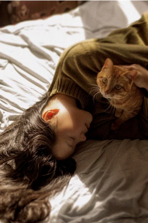 ベッドで猫とくつろぐ女性、別アングル