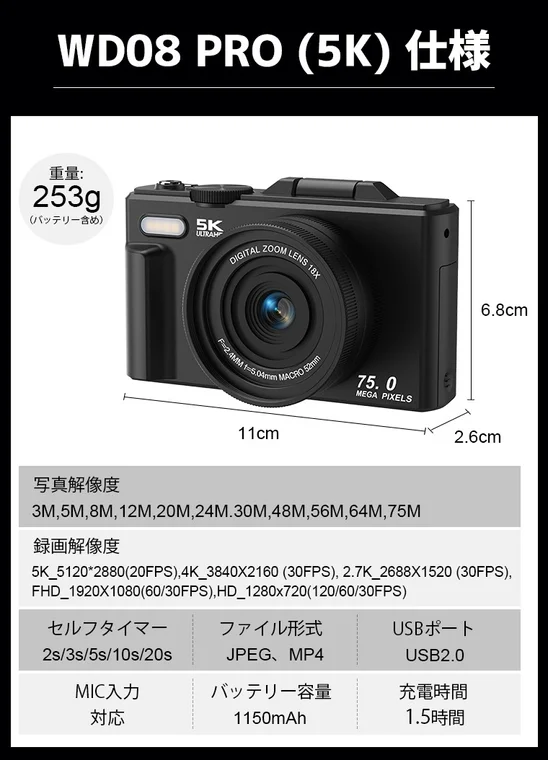 WD08 PRO (5K) デジタルカメラの製品仕様を示した画像です。253gの軽量ボディに75メガピクセル、5K動画撮影、18倍デジタルズームなどの高性能を搭載。写真・録画解像度、セルフタイマー、ファイル形式、USBポート、MIC入力、バッテリー容量、充電時間などの詳細情報が記載されています。
